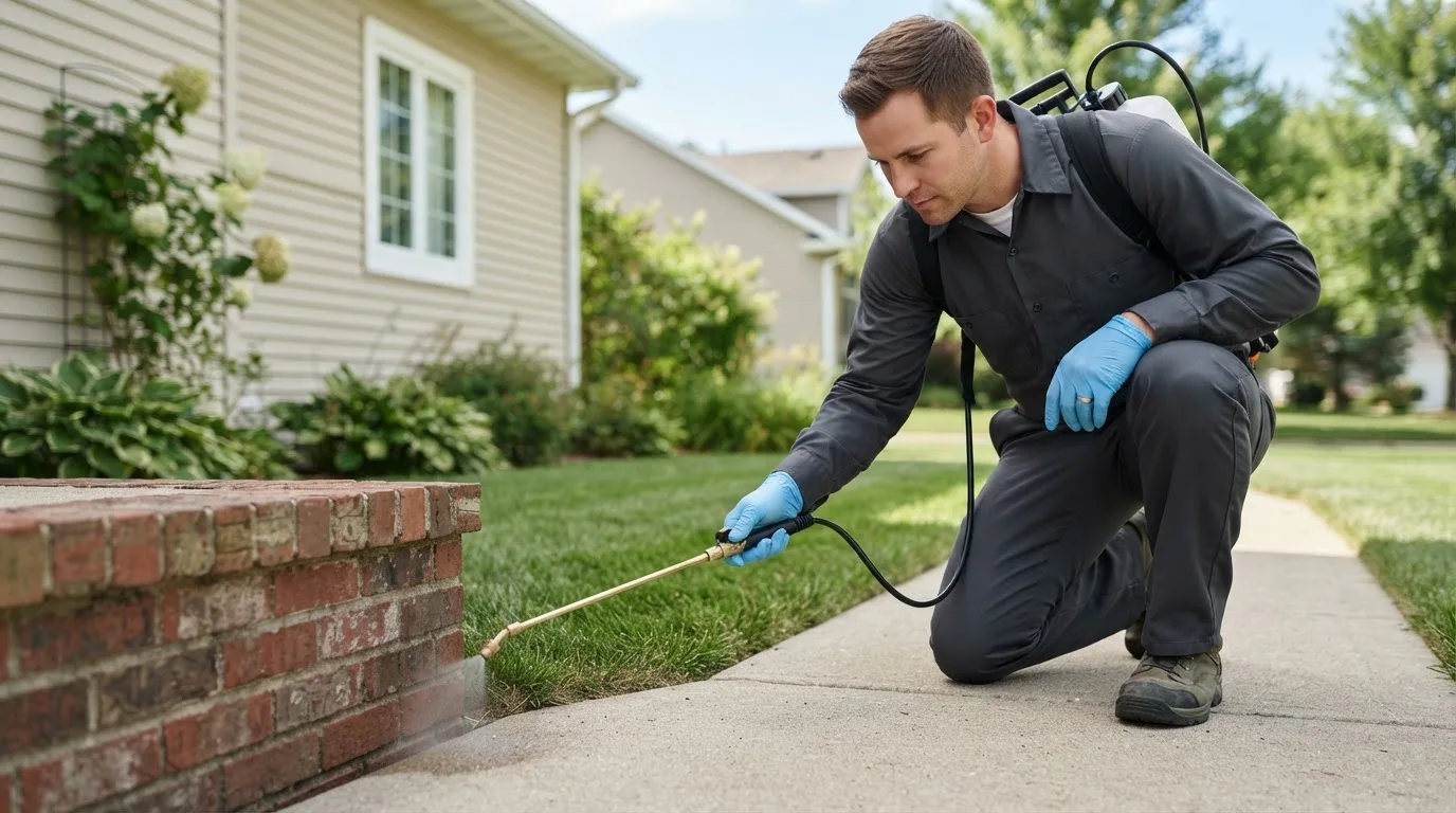 Pest control technician treating a home near Follansbee, WV